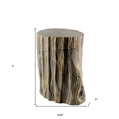 7" Brown And Gold Resin Modern Abstract Tree Stump Decorative Box HomeRoots
