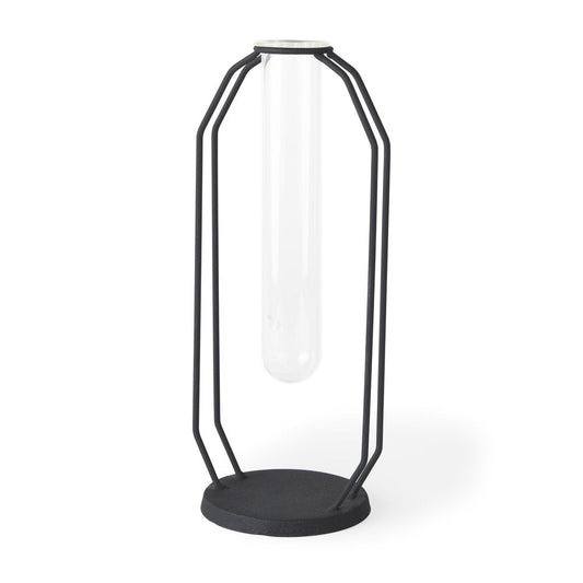 11" Black And Clear Glass And Metal Table Vase