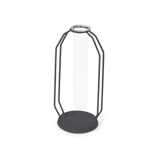 10" Black And Clear Glass And Metal Table Vase