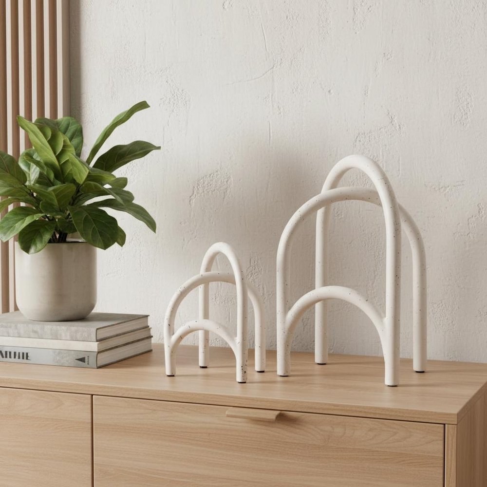 Set of Two White Iron Modern Abstract Tabletop Sculptures HomeRoots