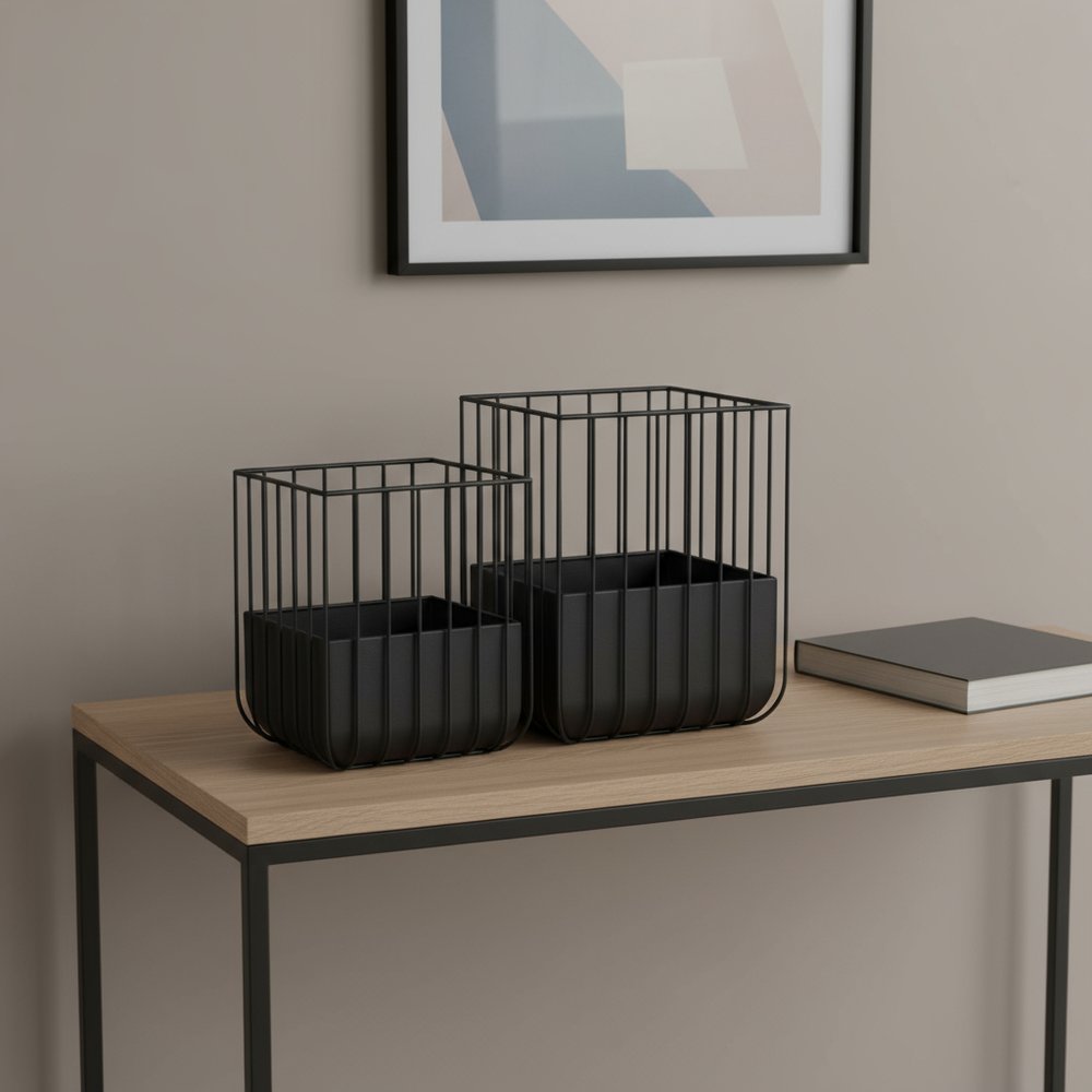 Set of Two Black Metal Wire Cage Square Pot Planters HomeRoots