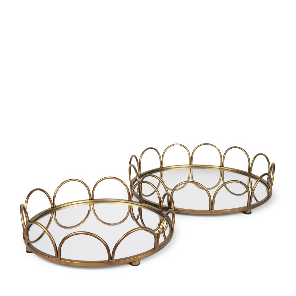 Set of Two Antiqued Gold Metal And Mirrored Glass Round Vanity Trays HomeRoots