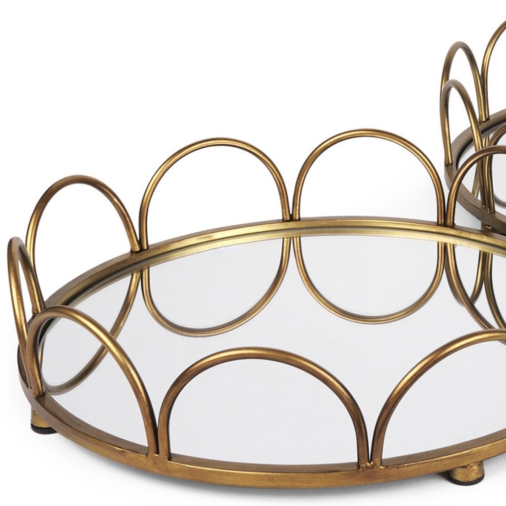 Set of Two Antiqued Gold Metal And Mirrored Glass Round Vanity Trays HomeRoots