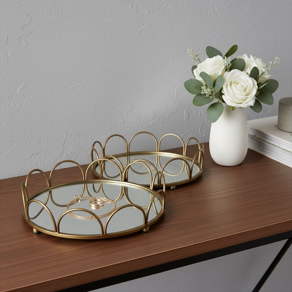 Set of Two Antiqued Gold Metal And Mirrored Glass Round Vanity Trays HomeRoots