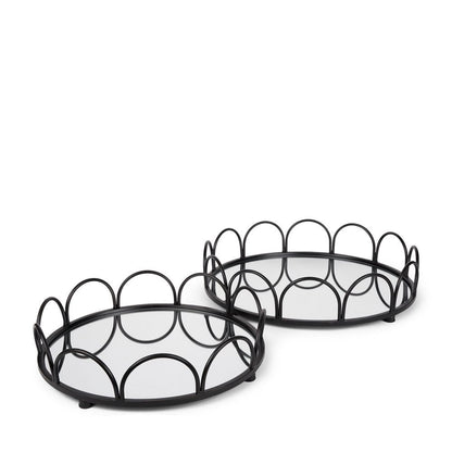 Set of Two Black And Silver Metal And Mirrored Glass Round Vanity Trays HomeRoots