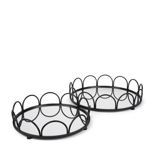 Set of Two Black And Silver Metal And Mirrored Glass Round Vanity Trays HomeRoots