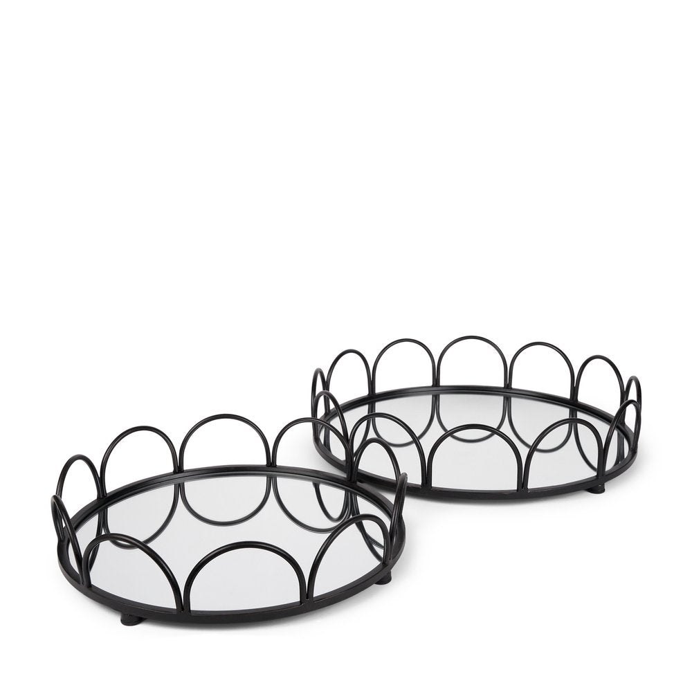Set of Two Black And Silver Metal And Mirrored Glass Round Vanity Trays — view 1