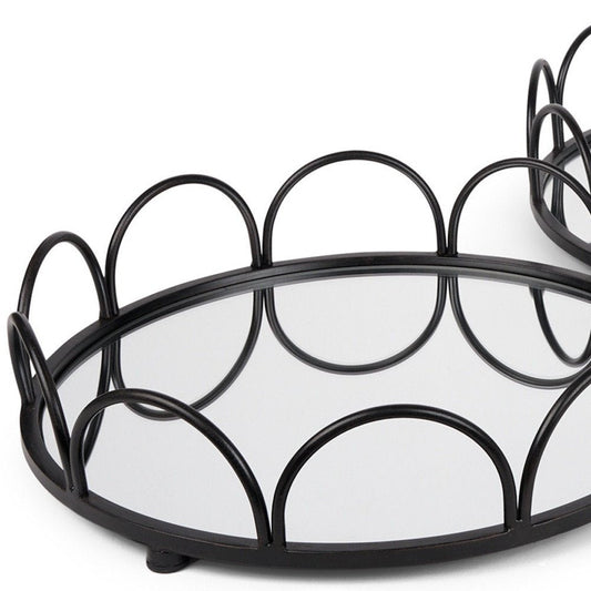 Set of Two Black And Silver Metal And Mirrored Glass Round Vanity Trays HomeRoots