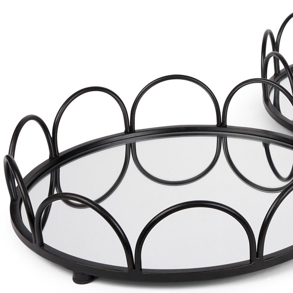 Set of Two Black And Silver Metal And Mirrored Glass Round Vanity Trays HomeRoots