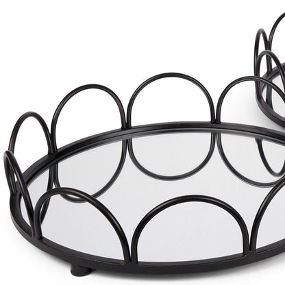 Set of Two Black And Silver Metal And Mirrored Glass Round Vanity Trays HomeRoots