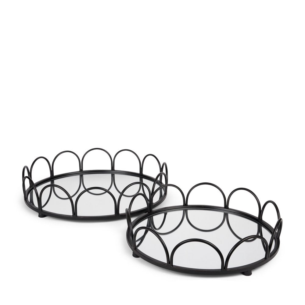 Set of Two Black And Silver Metal And Mirrored Glass Round Vanity Trays HomeRoots