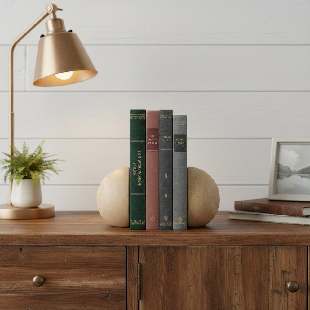 Set of Two Beige Stone Orb Decorative Bookends HomeRoots
