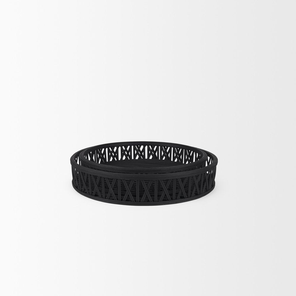 Set of Two Black Round Wicker Handmade Serving Trays HomeRoots