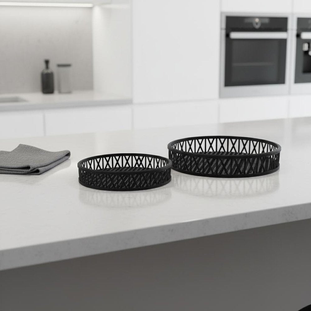Set of Two Black Round Wicker Handmade Serving Trays HomeRoots