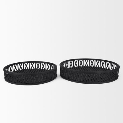 Set of Two Black Round Wicker Handmade Serving Trays HomeRoots