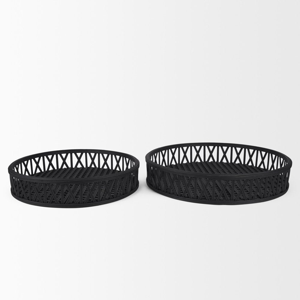 Set of Two Black Round Wicker Handmade Serving Trays HomeRoots