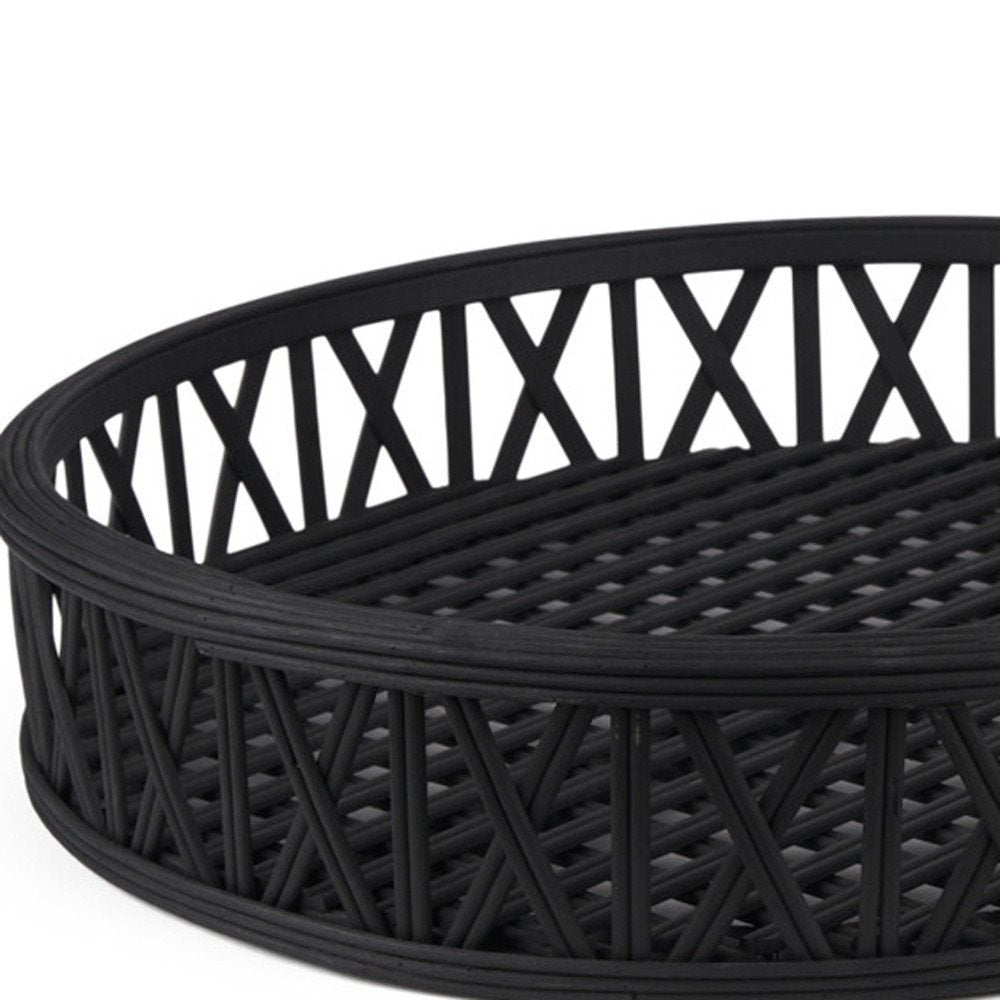 Set of Two Black Round Wicker Handmade Serving Trays HomeRoots