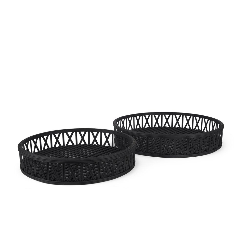 Set of Two Black Round Wicker Handmade Serving Trays HomeRoots