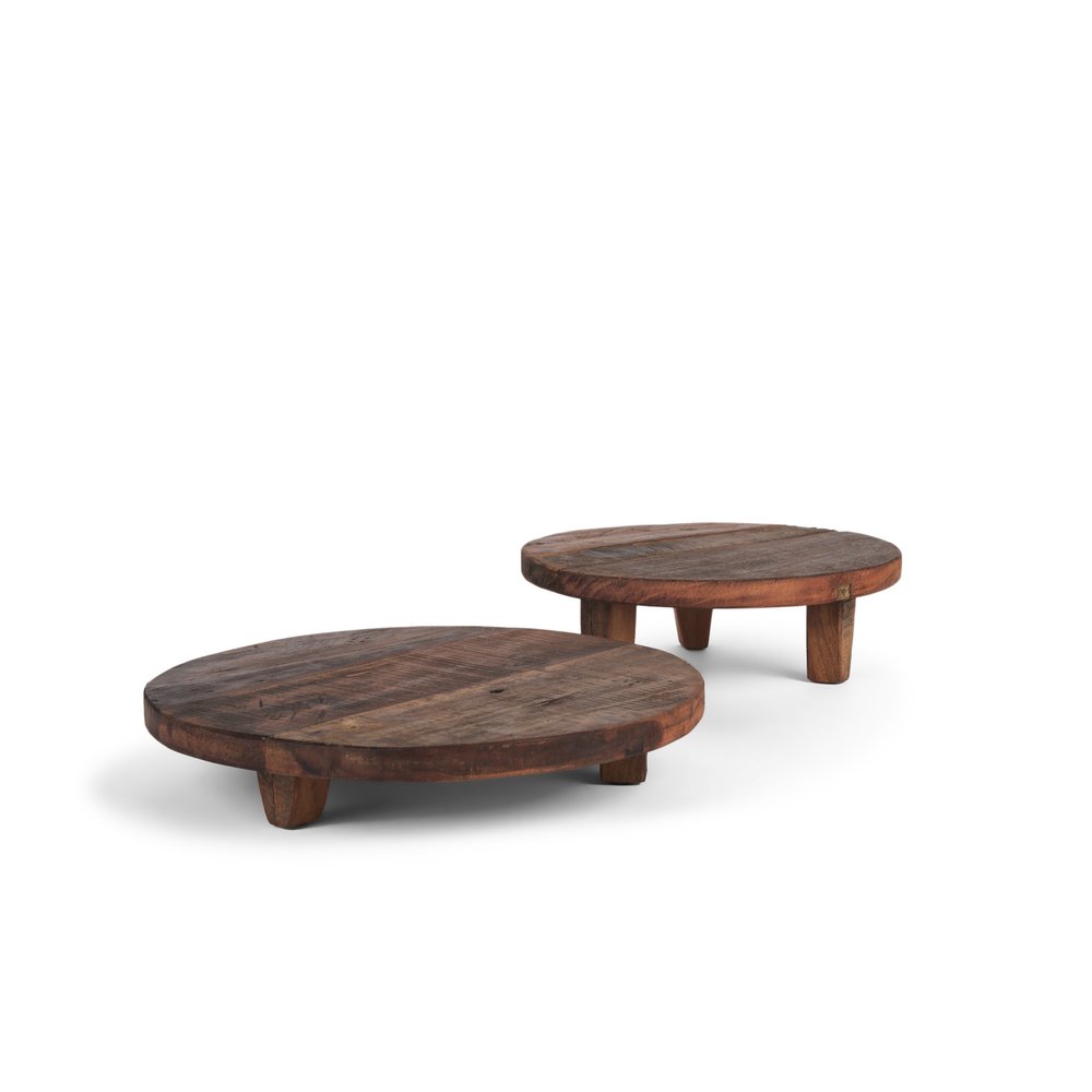 Set of Two Brown Reclaimed Wood Handmade Round Riser Trays HomeRoots