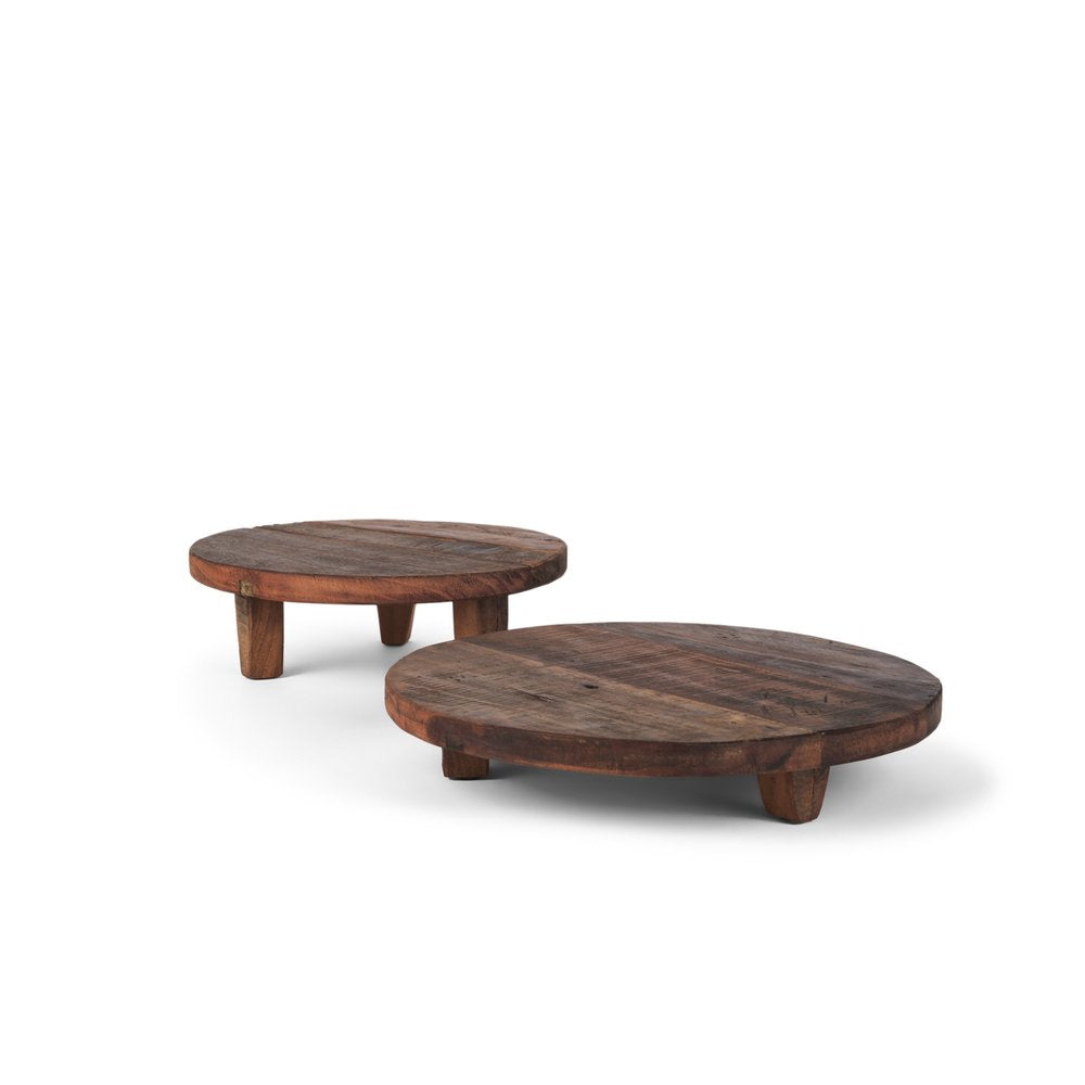 Set of Two Brown Reclaimed Wood Handmade Round Riser Trays HomeRoots