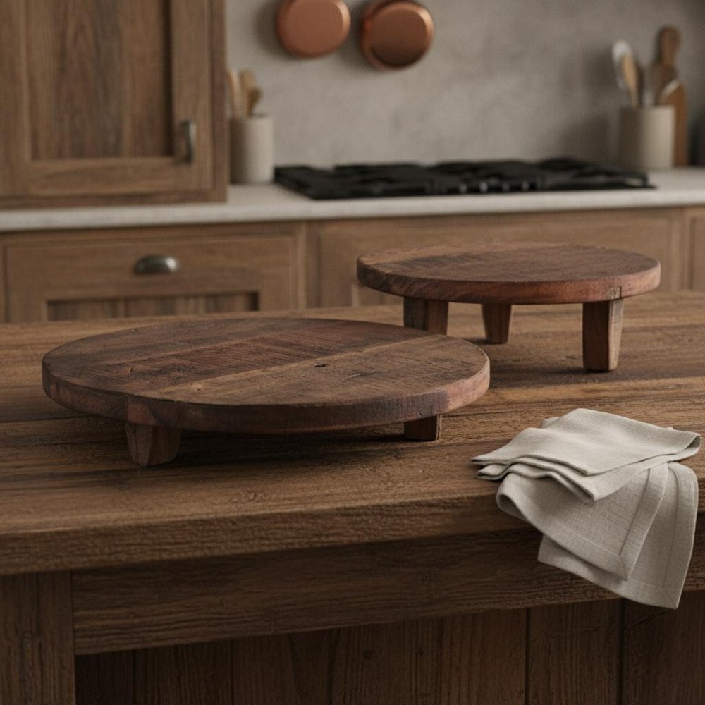 Set of Two Brown Reclaimed Wood Handmade Round Riser Trays HomeRoots