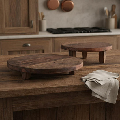 Set of Two Brown Reclaimed Wood Handmade Round Riser Trays HomeRoots