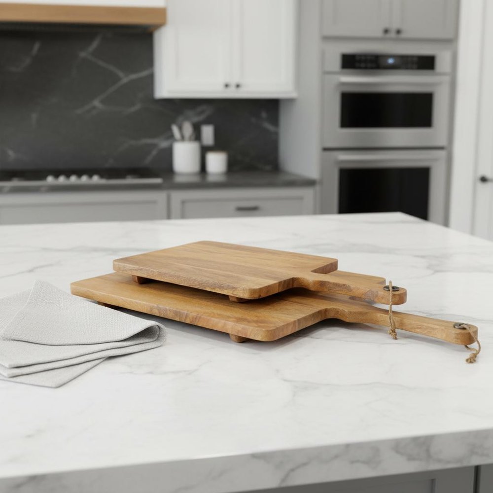 Set of Two Natural Solid Wood Handmade Serve Boards With Handles HomeRoots