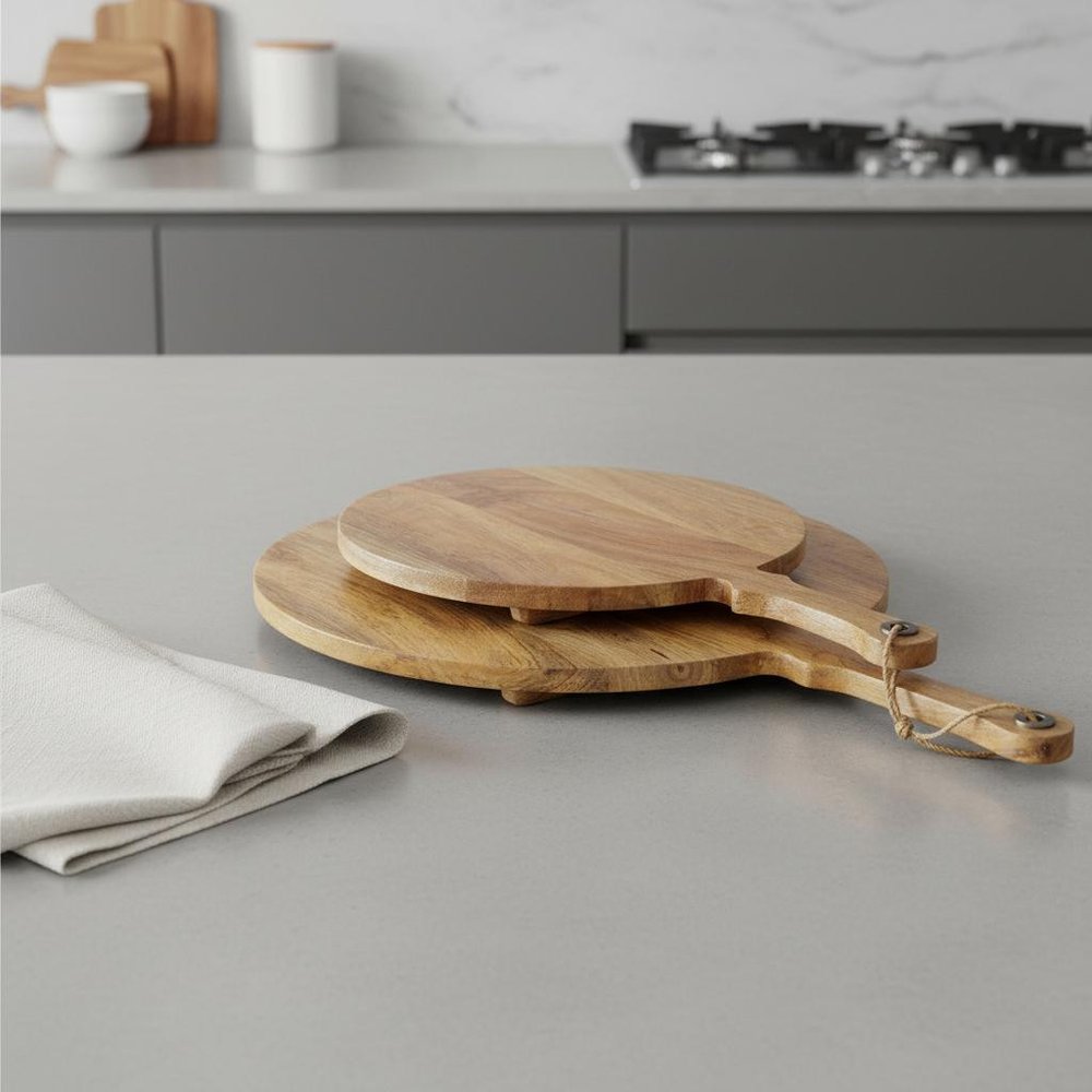 Set of Two Natural Solid Wood Handmade Round Serve Boards With Handles HomeRoots