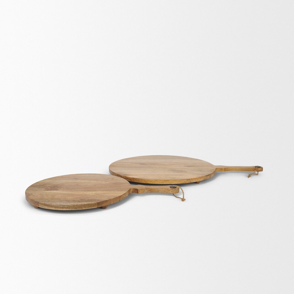Set of Two Natural Solid Wood Handmade Round Serve Boards With Handles HomeRoots