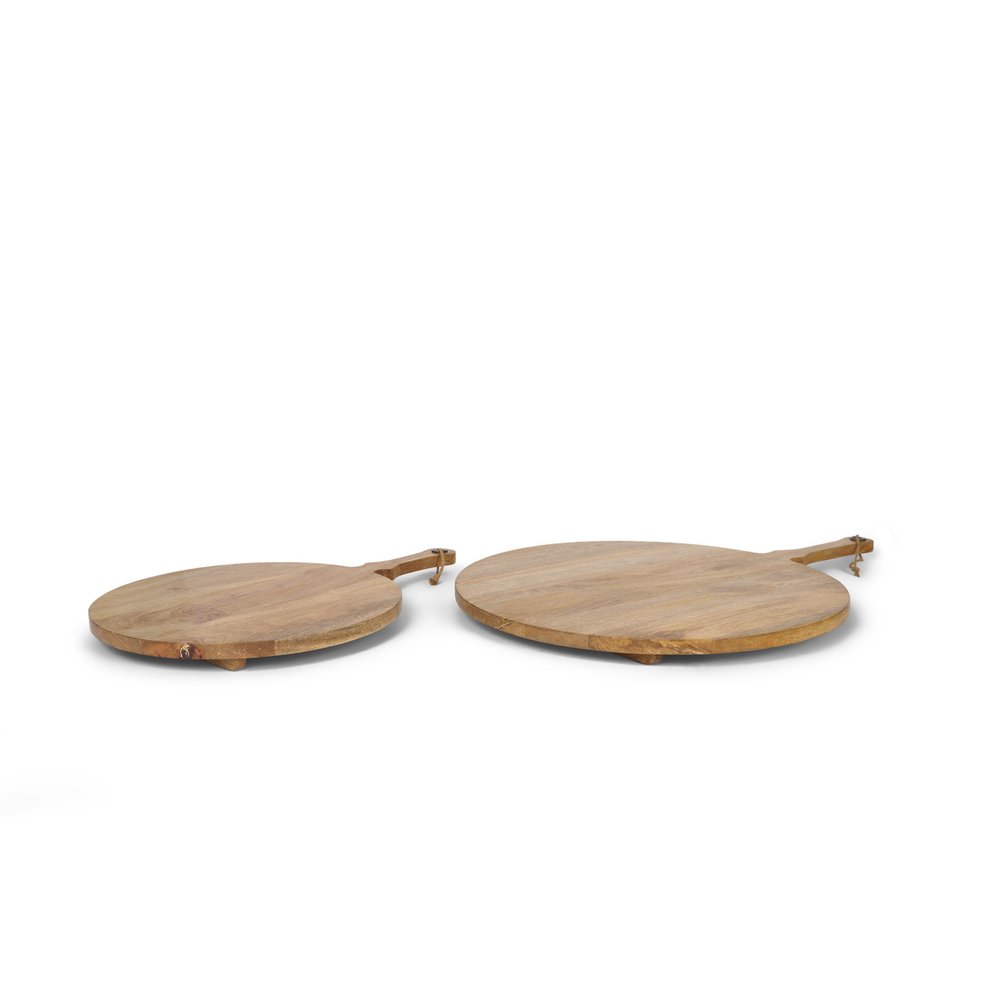 Set of Two Natural Solid Wood Handmade Round Serve Boards With Handles HomeRoots