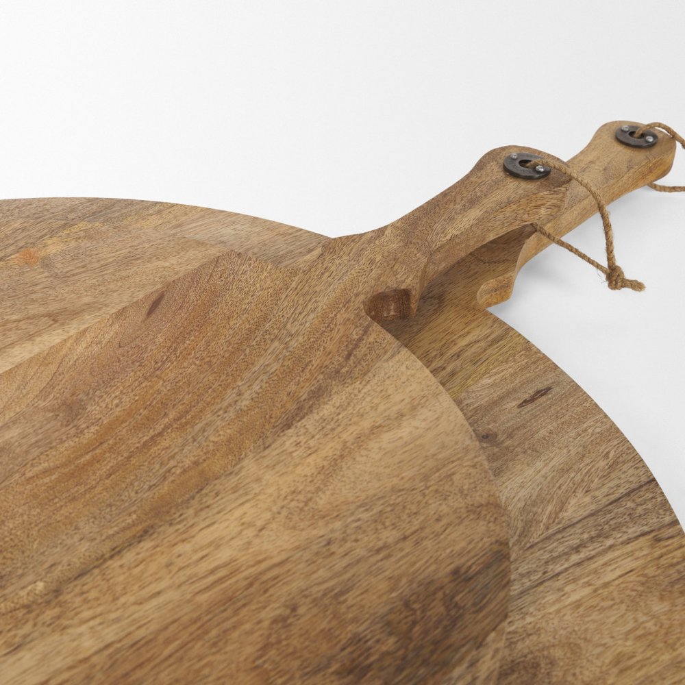 Set of Two Natural Solid Wood Handmade Round Serve Boards With Handles HomeRoots