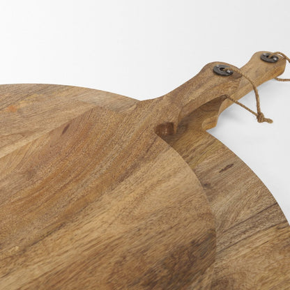 Set of Two Natural Solid Wood Handmade Round Serve Boards With Handles HomeRoots