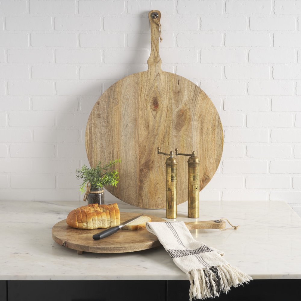 Set of Two Natural Solid Wood Handmade Round Serve Boards With Handles HomeRoots
