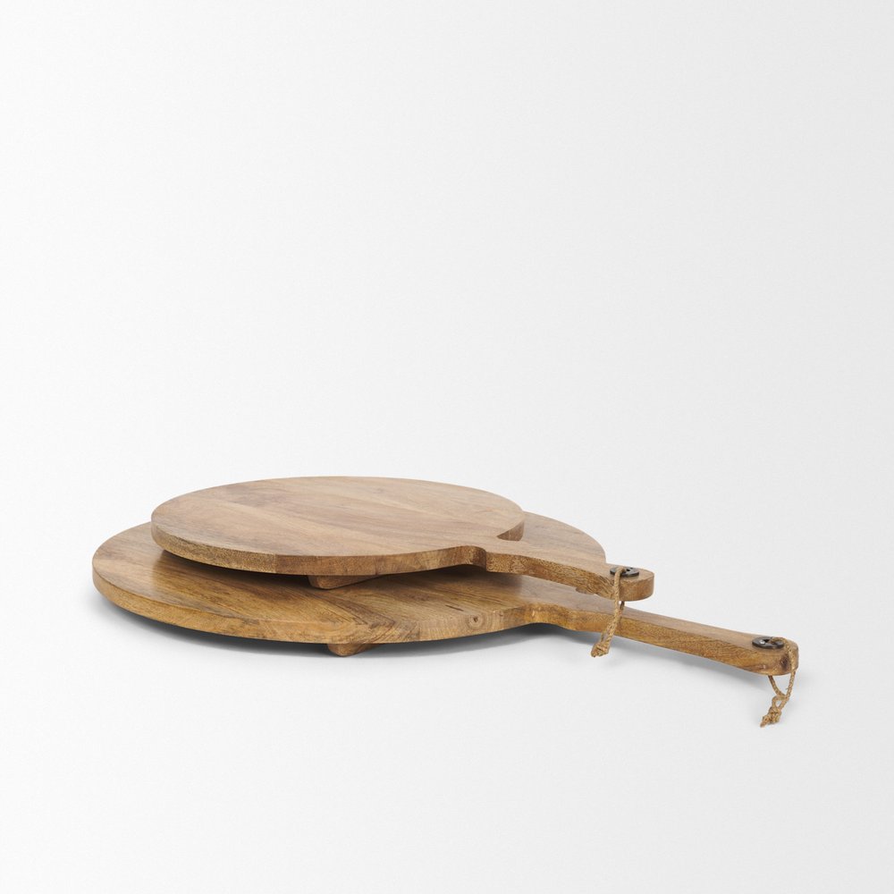 Set of Two Natural Solid Wood Handmade Round Serve Boards With Handles HomeRoots