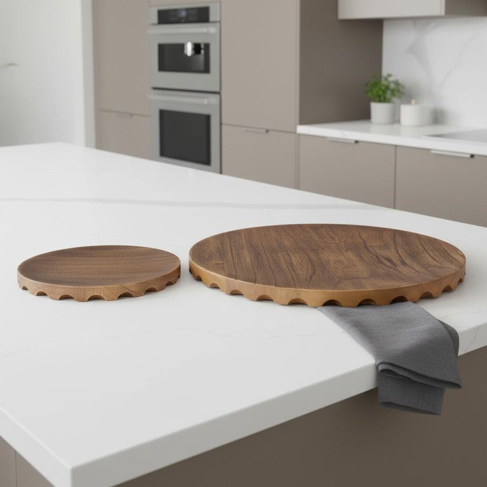 Set of Two Natural Light Brown Round Wood Handmade Serving Trays HomeRoots