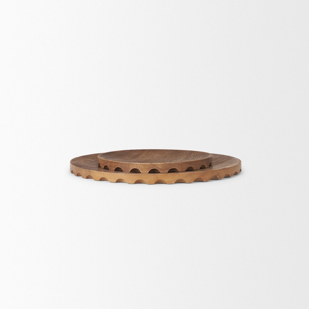 Set of Two Natural Light Brown Round Wood Handmade Serving Trays HomeRoots
