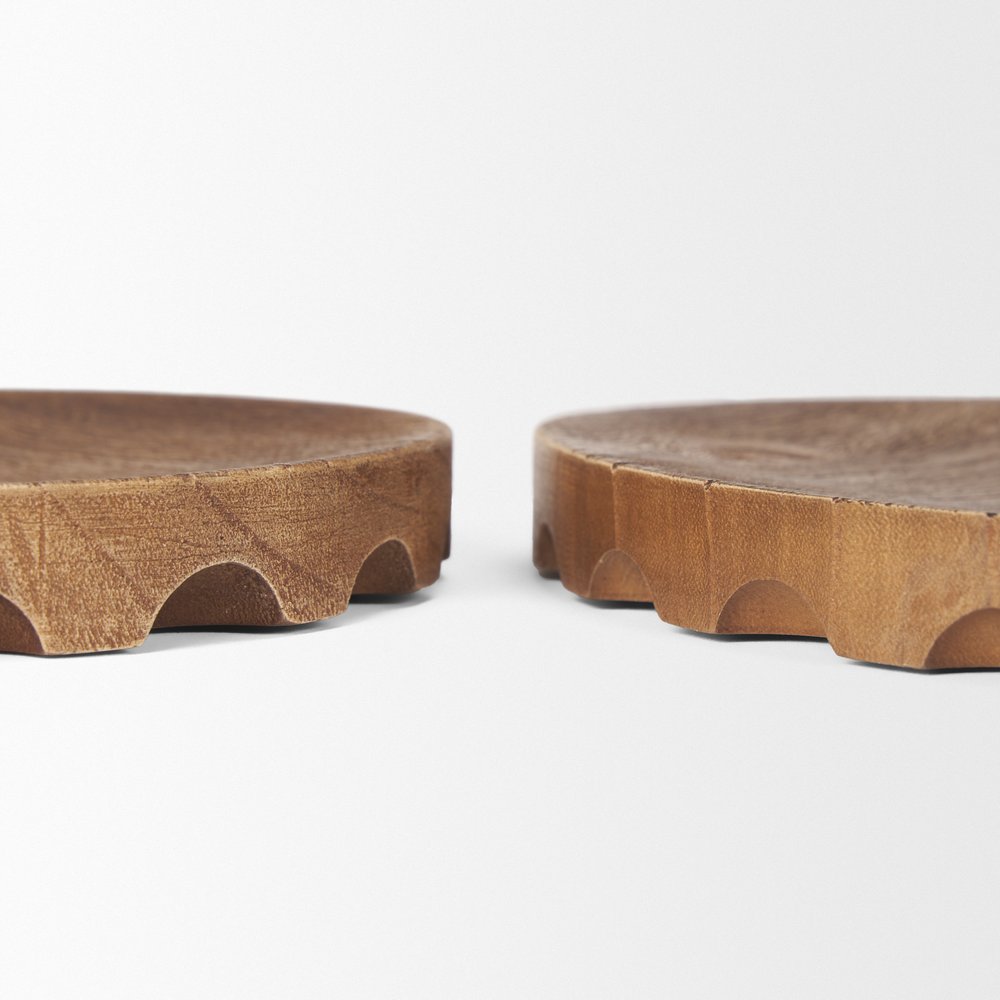 Set of Two Natural Light Brown Round Wood Handmade Serving Trays HomeRoots
