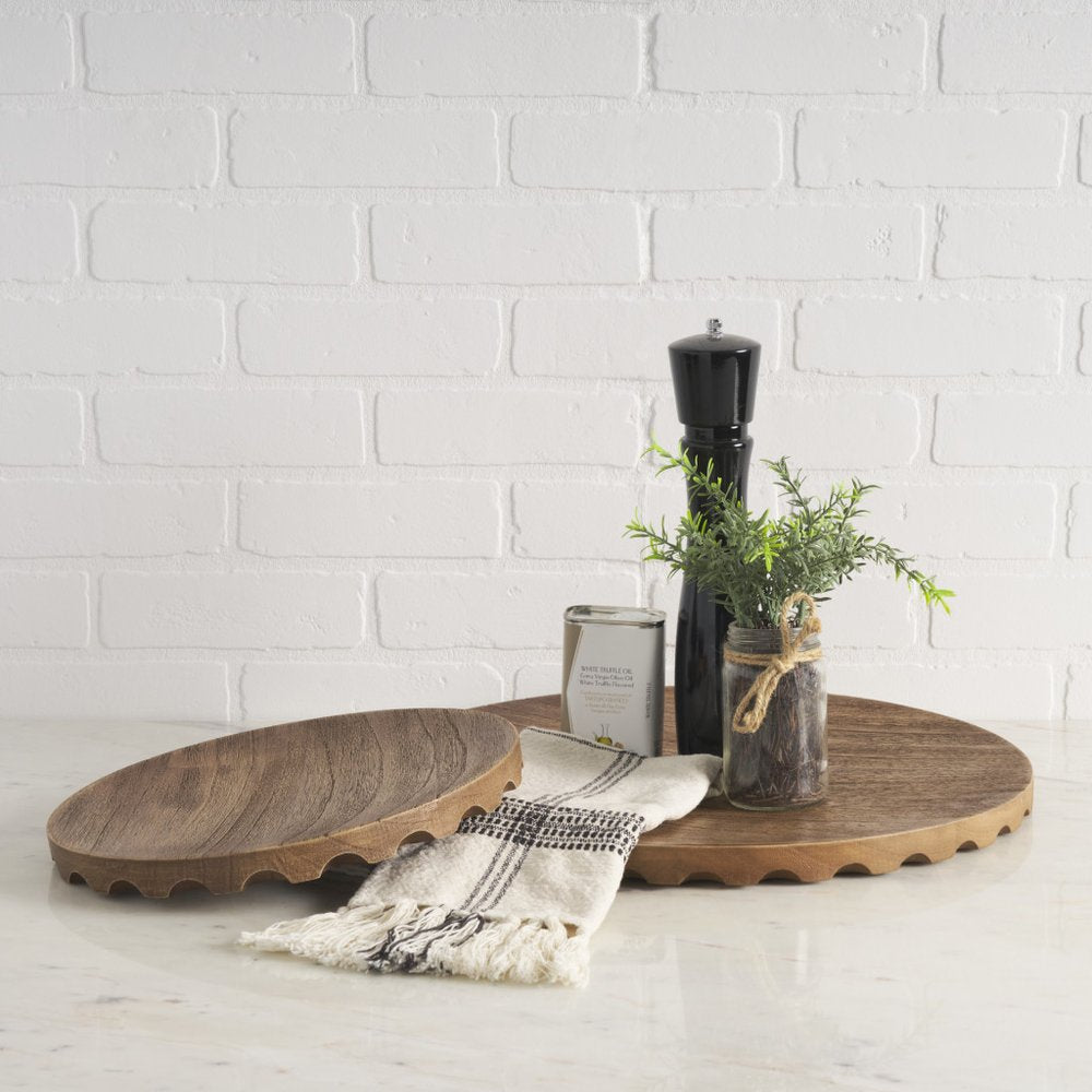 Set of Two Natural Light Brown Round Wood Handmade Serving Trays HomeRoots
