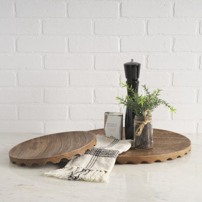 Set of Two Natural Light Brown Round Wood Handmade Serving Trays HomeRoots