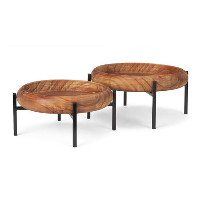 Set of Two Brown Solid Wood Handmade Round Serving Trays With Stands HomeRoots