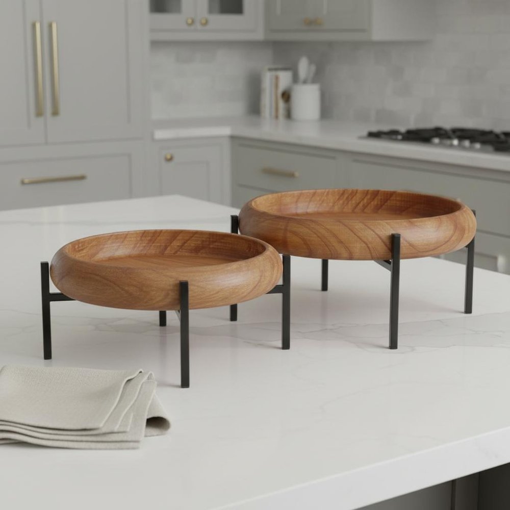 Set of Two Brown Solid Wood Handmade Round Serving Trays With Stands HomeRoots