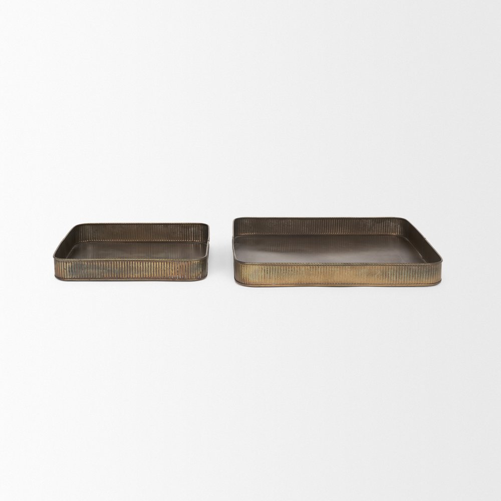 Set of Two Antiqued Brass Metal Handmade Serving Tray — view 3
