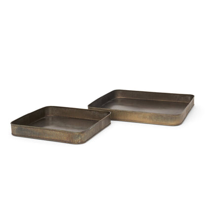 Set of Two Antiqued Brass Metal Handmade Serving Tray HomeRoots
