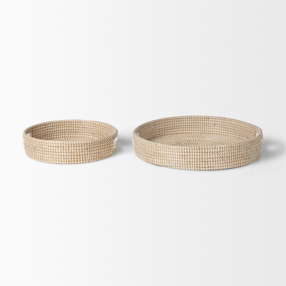 Set of Two Brown Round Wood Handmade Serving Tray With Handles HomeRoots