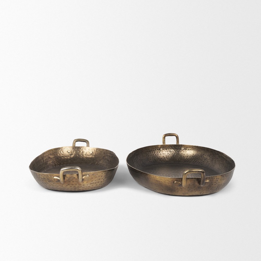 Set of Two Gold Oval Metal Handmade Serving Tray With Handles HomeRoots