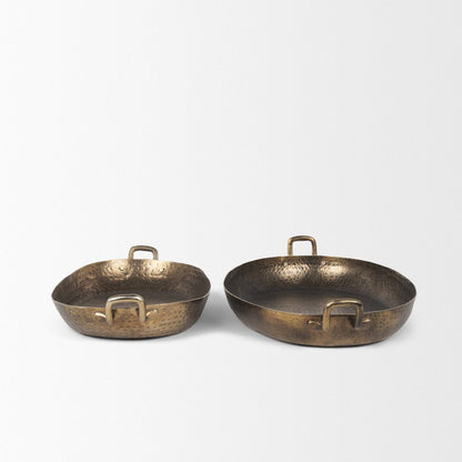 Set of Two Gold Oval Metal Handmade Serving Tray With Handles HomeRoots