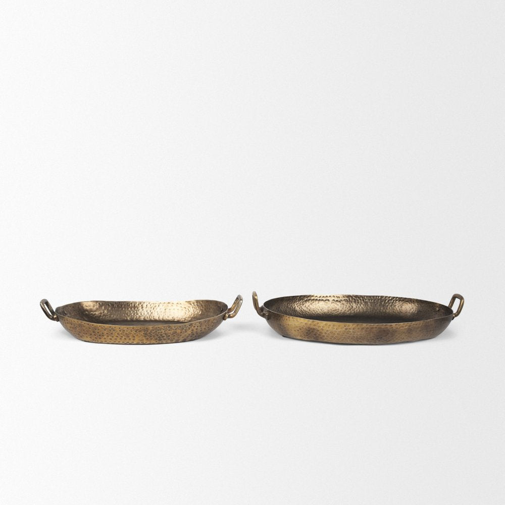 Set of Two Gold Oval Metal Handmade Serving Tray With Handles HomeRoots