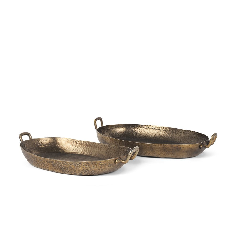 Set of Two Gold Oval Metal Handmade Serving Tray With Handles HomeRoots