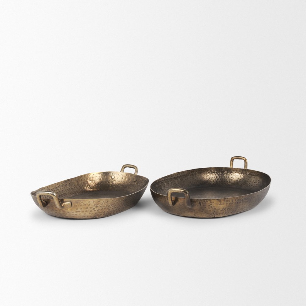 Set of Two Gold Oval Metal Handmade Serving Tray With Handles HomeRoots