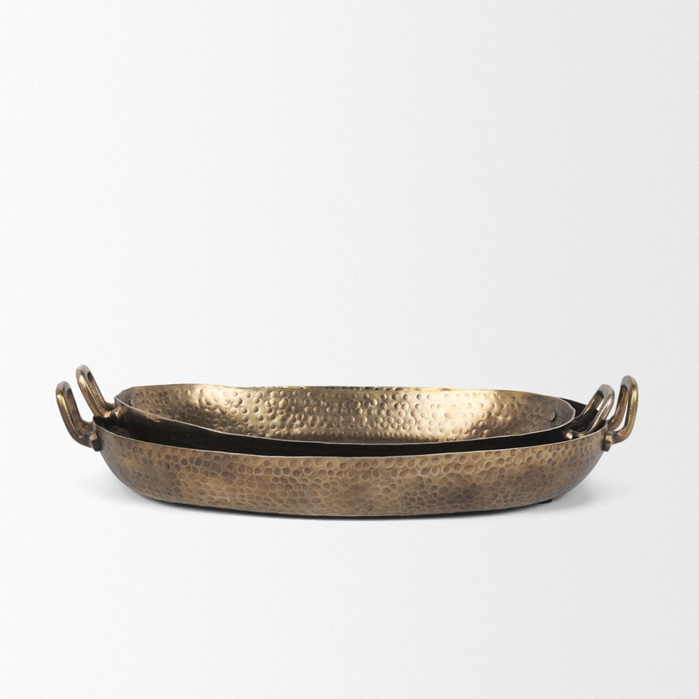 Set of Two Gold Oval Metal Handmade Serving Tray With Handles HomeRoots